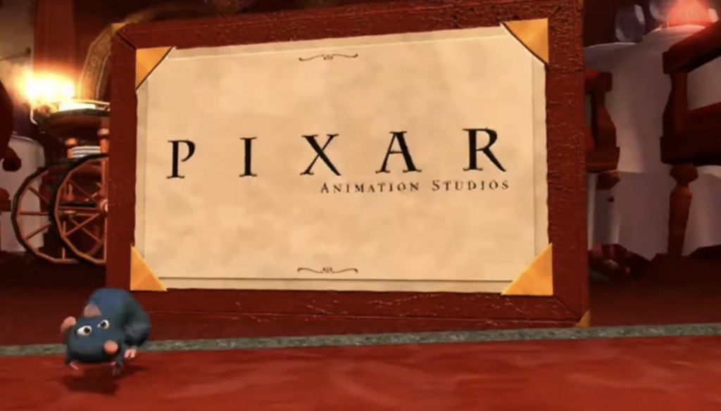 Pixar logo variation presented on a vintage-style framed parchment background with Remy from Ratatouille in the foreground, emphasizing Pixar’s culinary-themed animation.